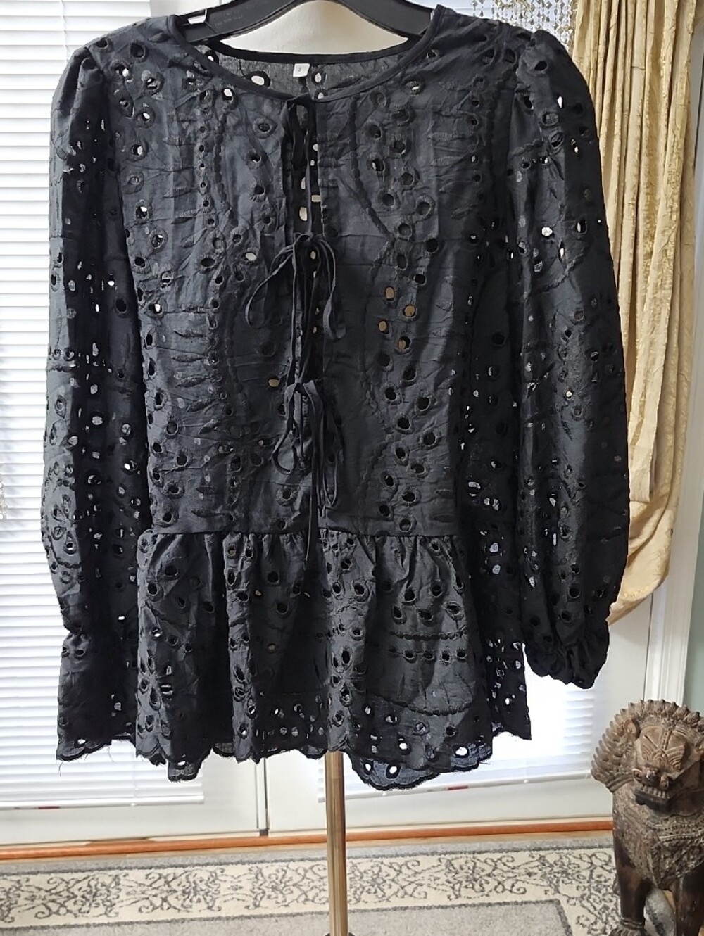 Black Eyelet Peplum Long-Sleeve Top - Picture 2 of 5